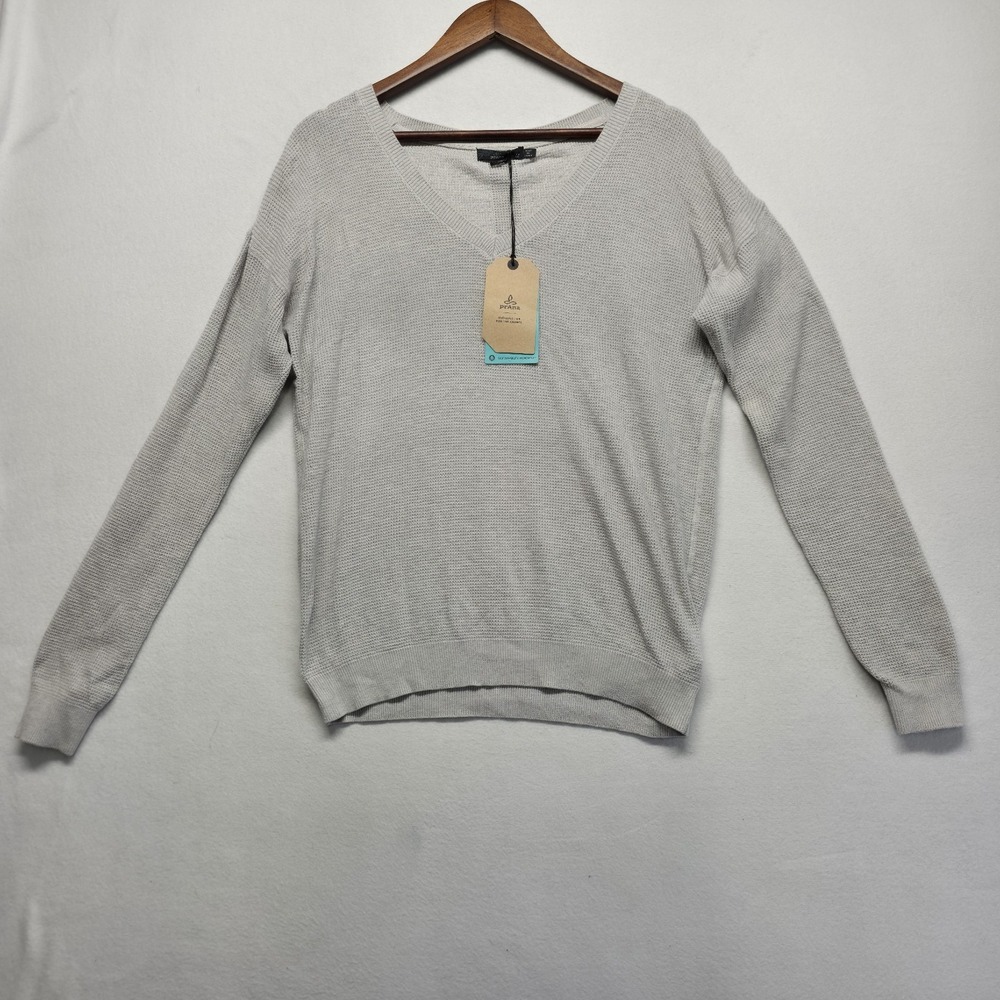 Prana Milani Women's Gray V Neck Knit Waffle Sweater Size Medium NWT